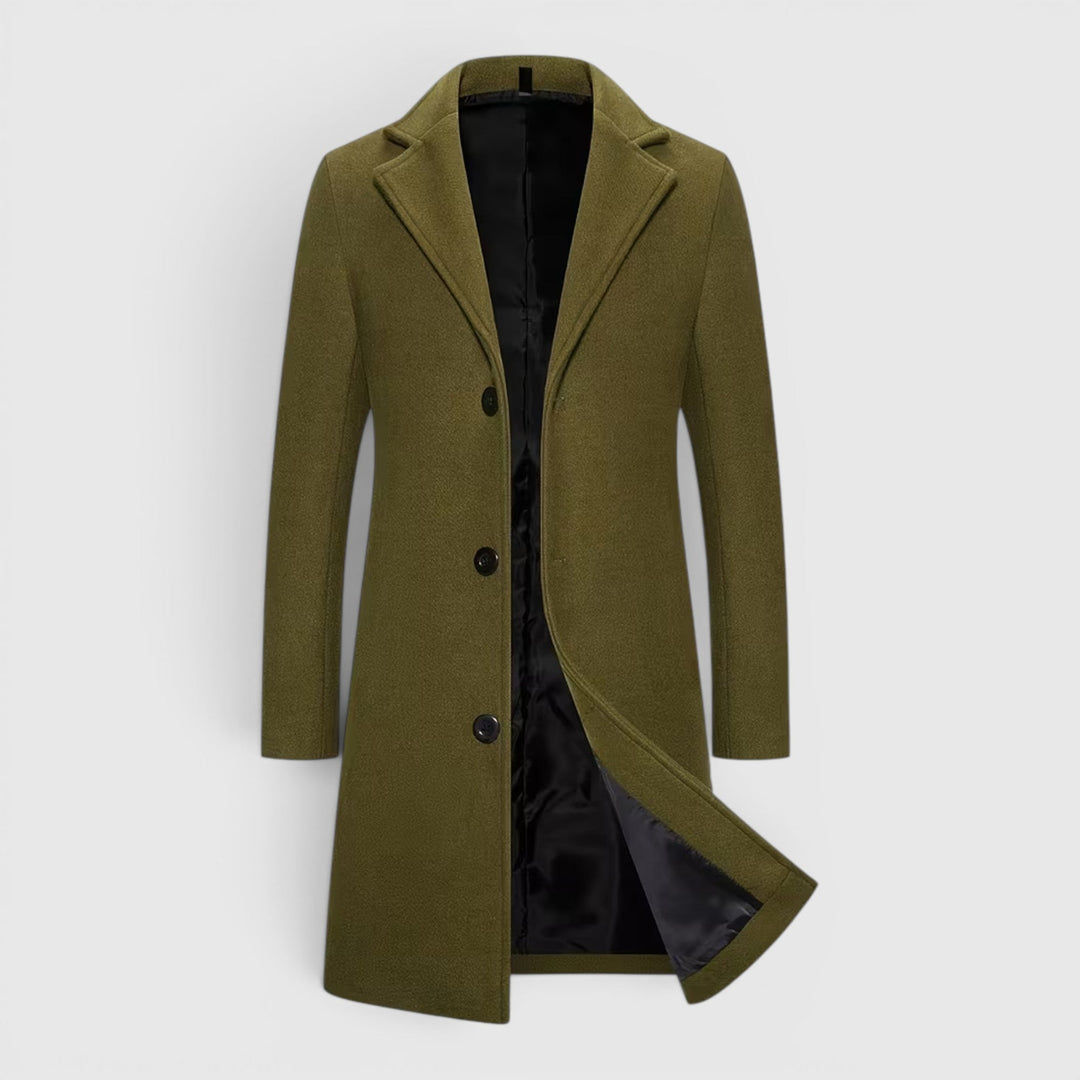 Men's classic single-breasted trench overcoat for winter warmth and style.