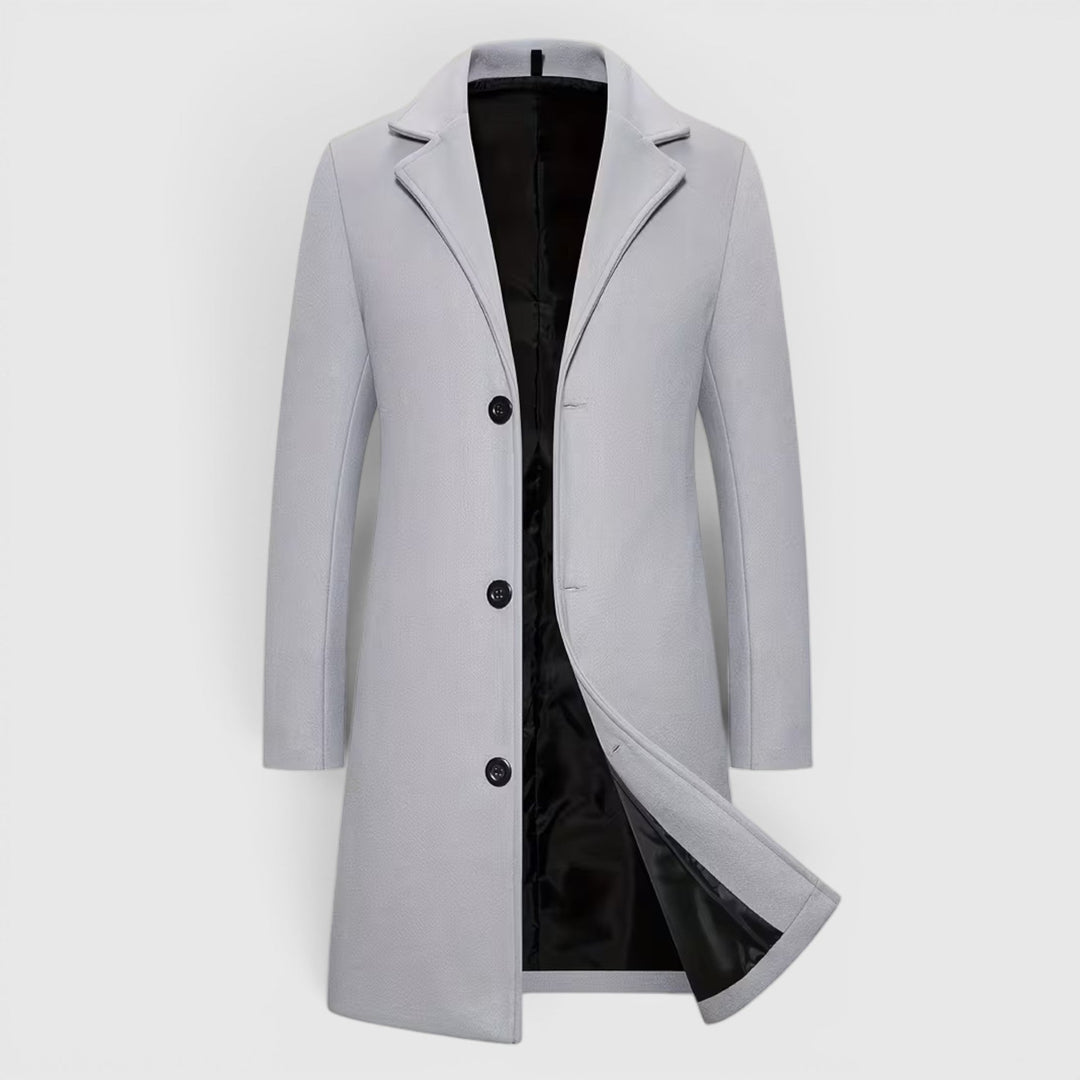 Business casual men's single-breasted overcoat, ready for winter.