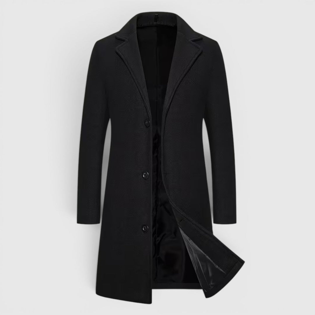 Sophisticated men's winter trench coat, tailored single-breasted style.