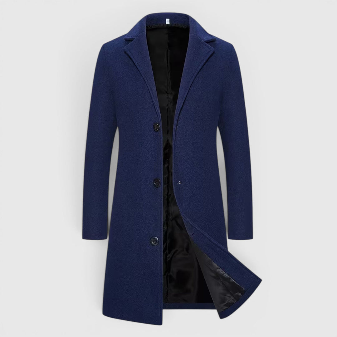 Tailored fit men's winter overcoat, featuring a single-breasted trench style.