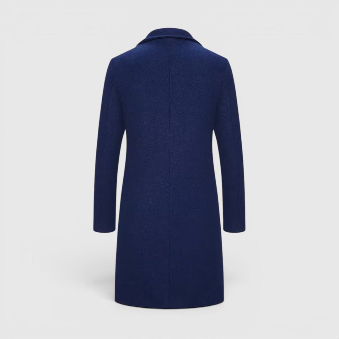 Formal men's single-breasted trench coat, classic winter fashion essential.