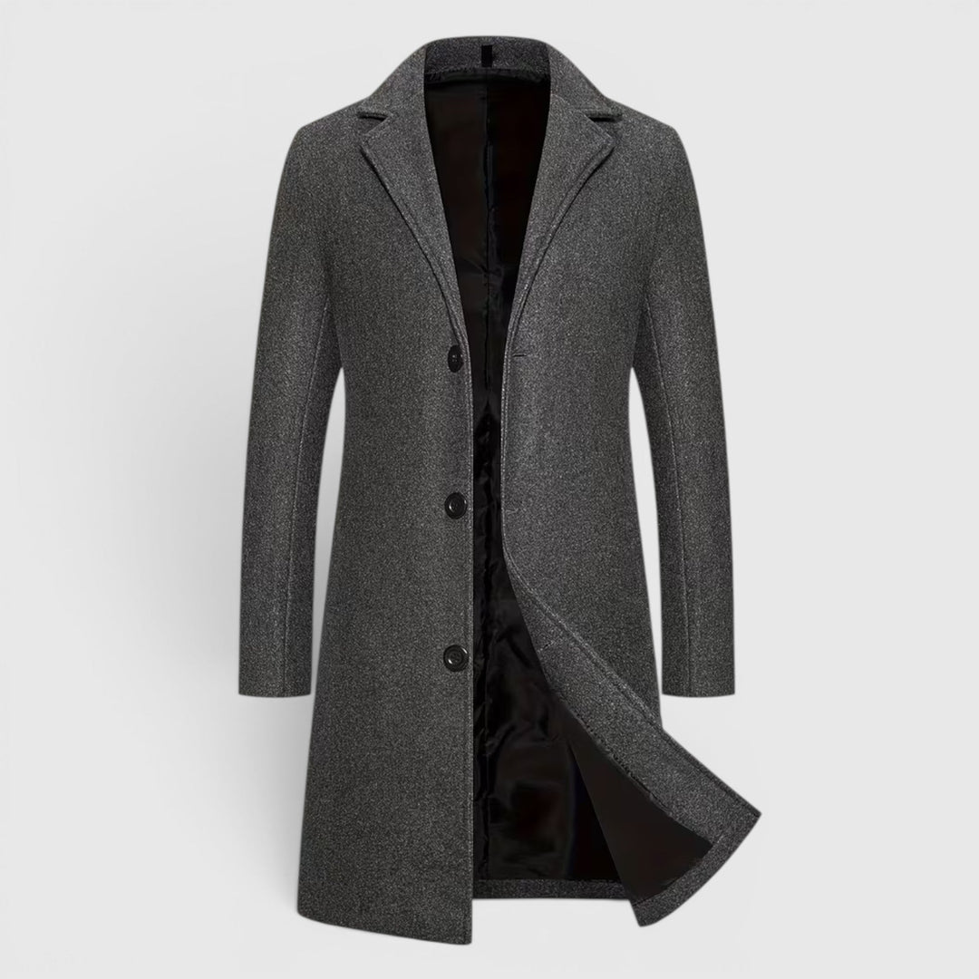 Elegant single-breasted men's coat for formal and casual winter wear.