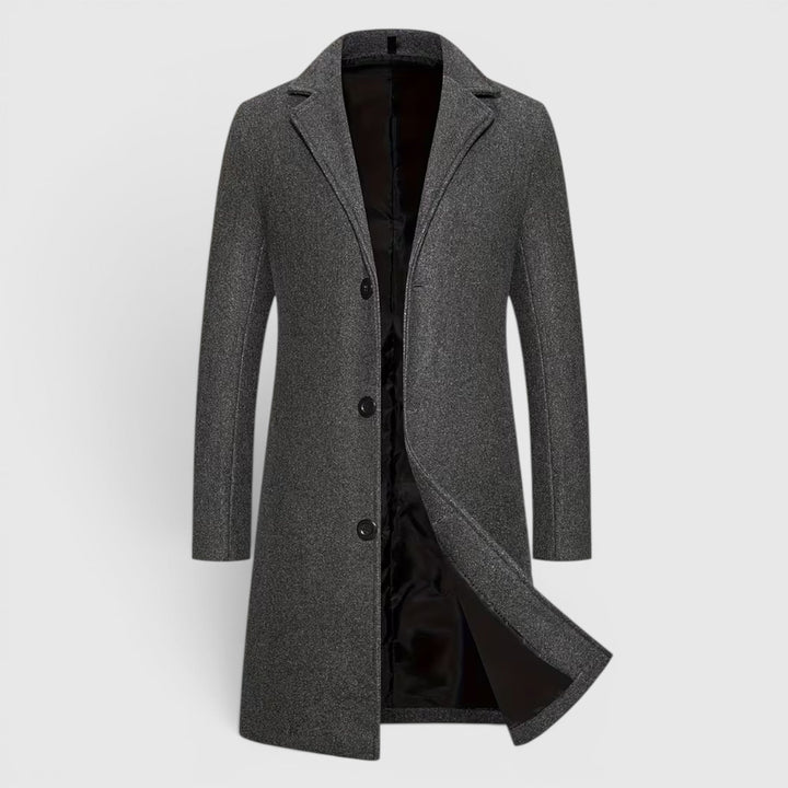 Elegant single-breasted men's coat for formal and casual winter wear.