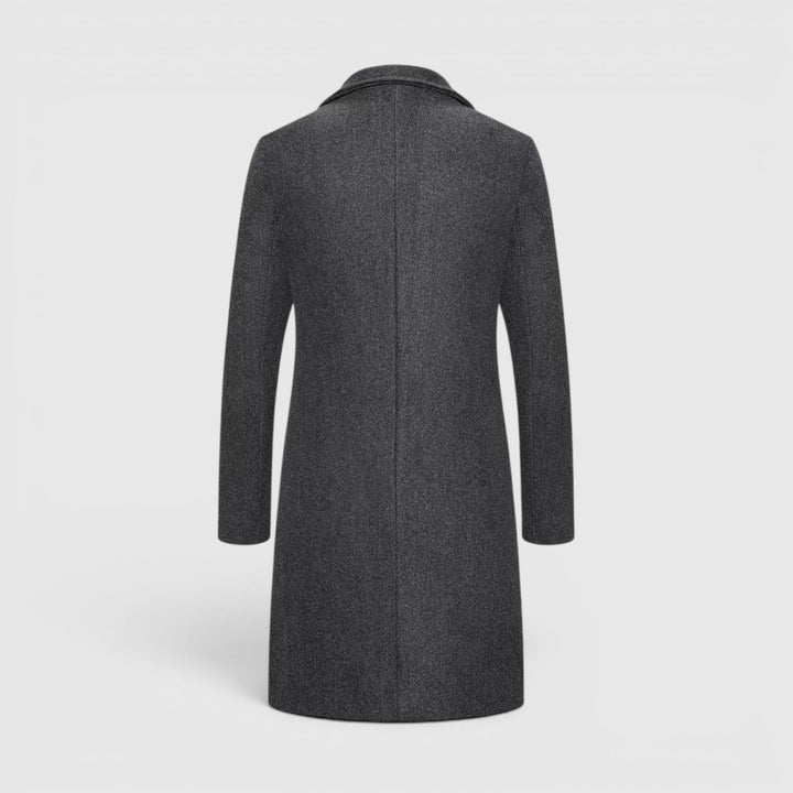 Men's single-breasted trench overcoat, classic tailored winter fit for men.