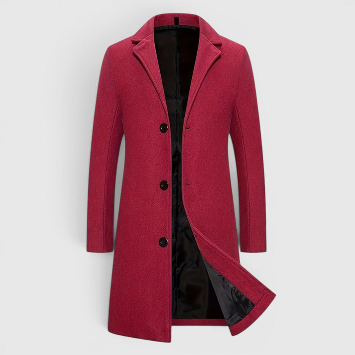 Classic men's fashion: single-breasted trench overcoat, tailored fit.