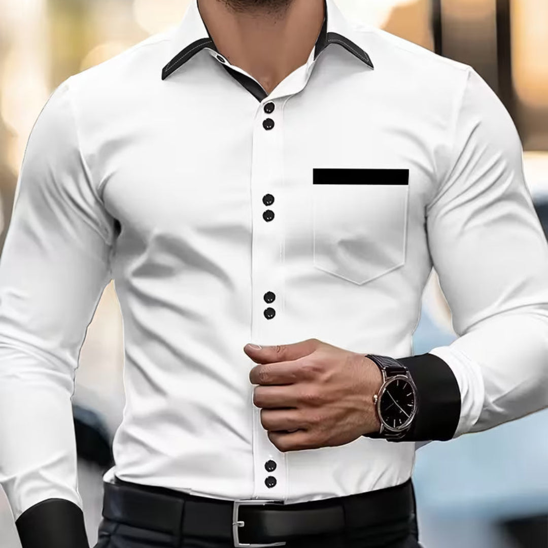 Men's classic slim fit collared button-down shirt. Long sleeve, versatile for formal or casual wear. Elegant men's fashion.