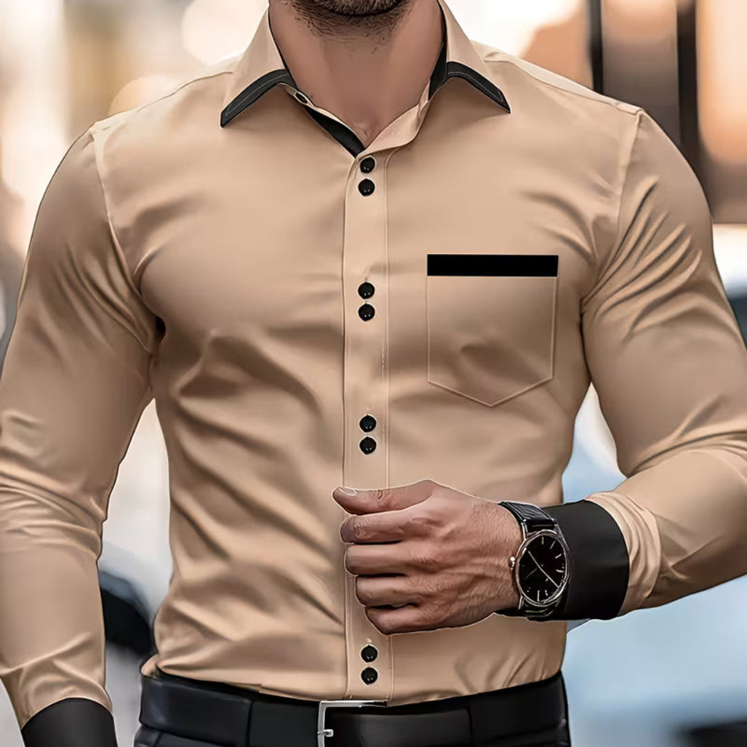 Stylish men's slim fit button-down shirt with a classic collar. Perfect for office wear or elegant casual outfits.