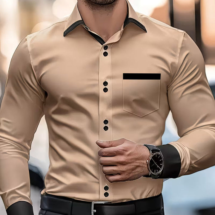 Stylish men's slim fit button-down shirt with a classic collar. Perfect for office wear or elegant casual outfits.