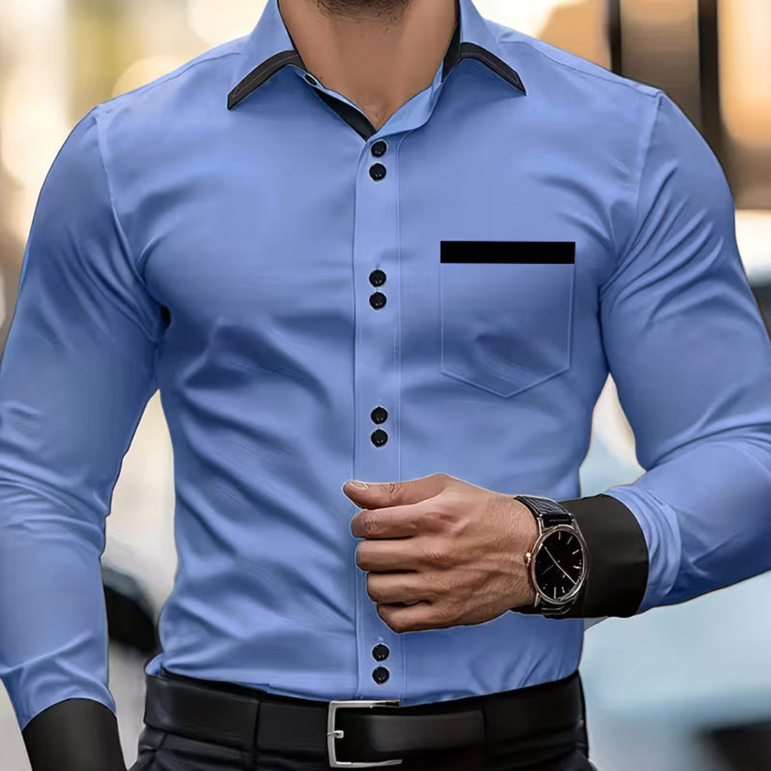 Elegant men's collared button-down shirt. Slim fit, long sleeve for a sophisticated look in any setting. Men's fashion.