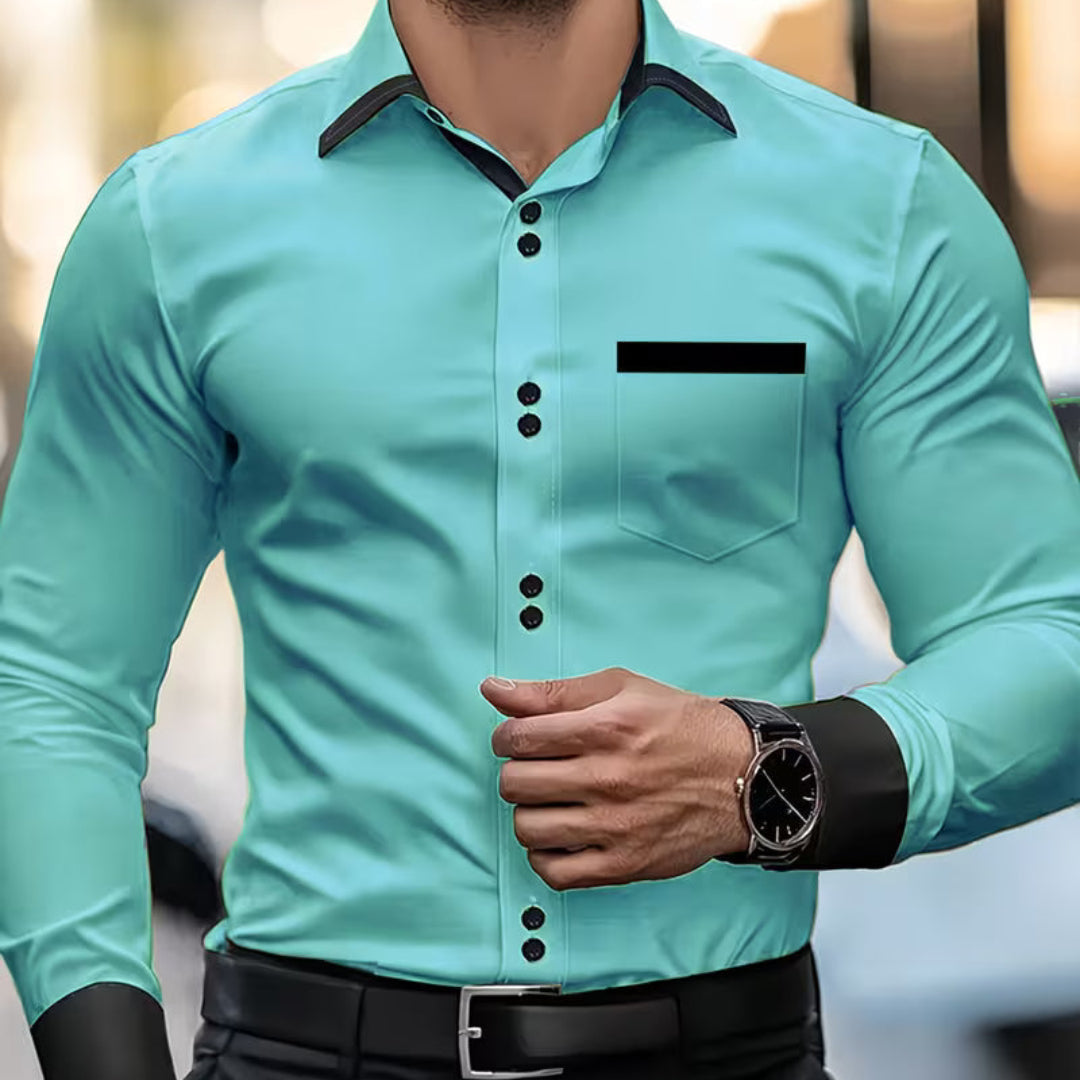 Classic men's long sleeve collared shirt. Slim fit button-down style, essential for modern men's formal or casual outfits.