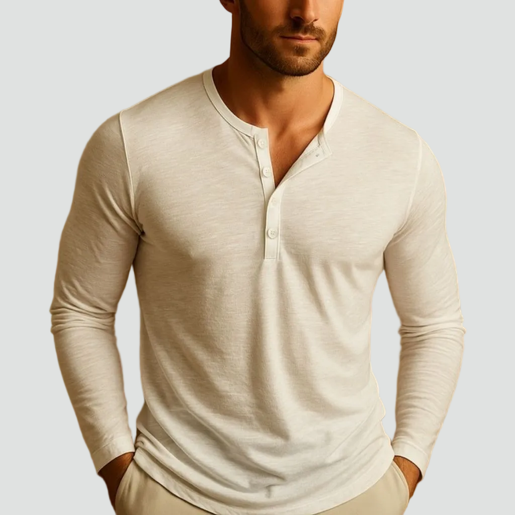 Men's classic slim fit long sleeve Henley shirt with button neck, ideal for casual everyday wear.