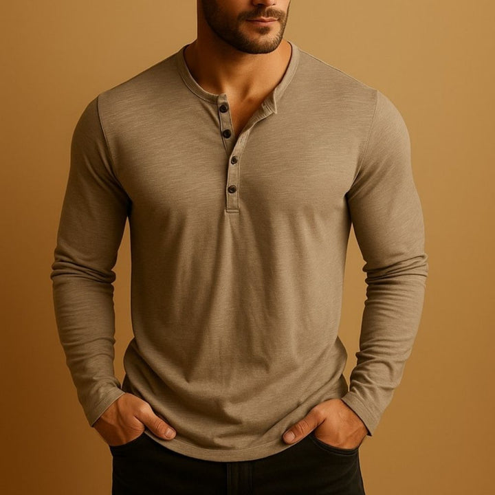 Essential men's classic slim fit Henley shirt, long sleeve design, perfect casual top for everyday fashion.