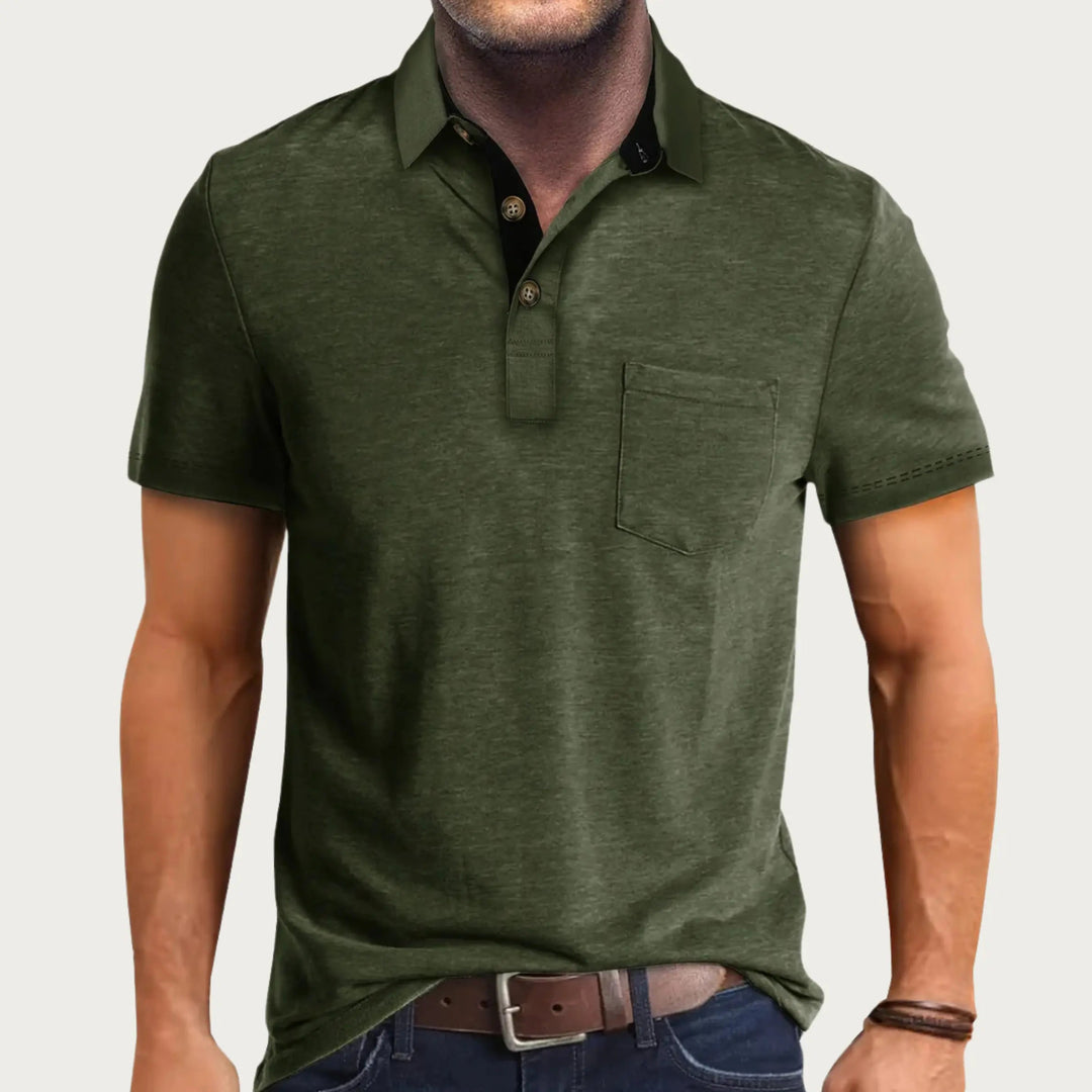 Versatile men's slim fit polo shirt, a timeless short sleeve collared top for classic, smart casual men's fashion.