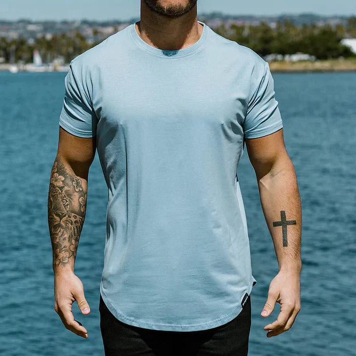 Modern men's short-sleeve, slim fit, basic tee, versatile for any casual outfit.