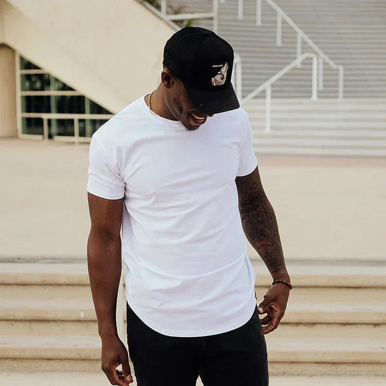 Stylish men's basic tee, slim fit, short sleeve, and versatile for modern casual outfits.
