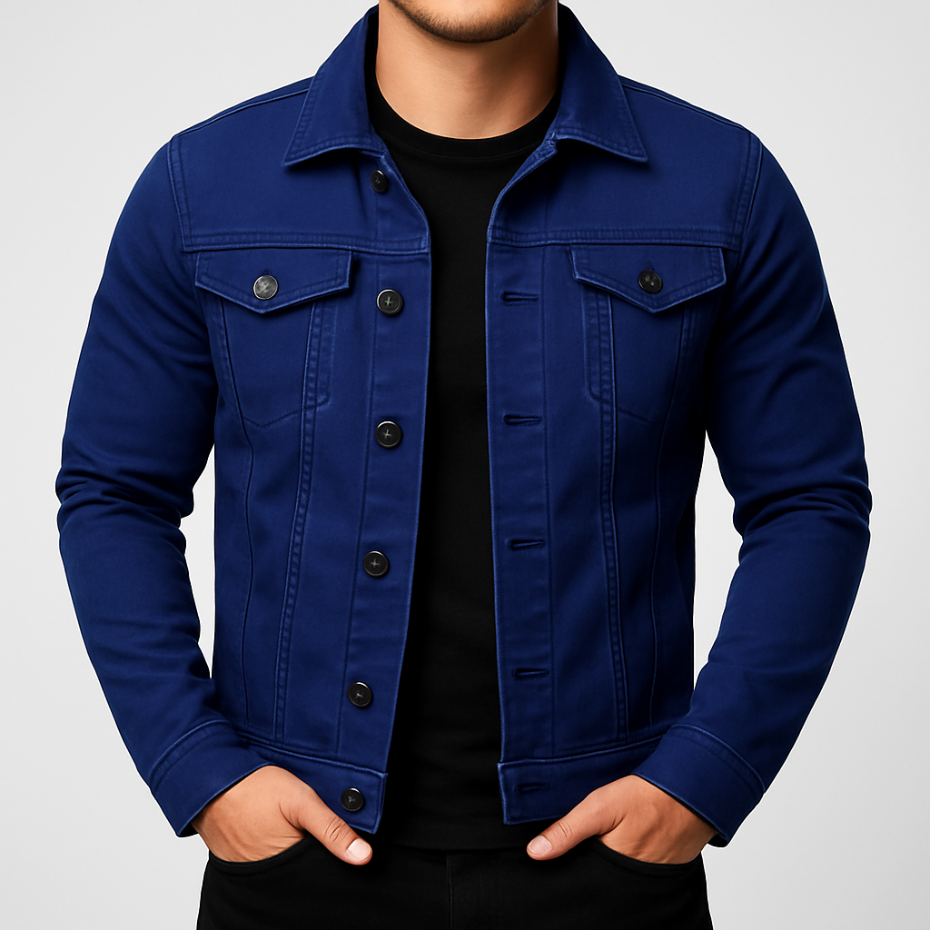Modern men's solid blue jean jacket with classic fit, ideal casual outerwear for stylish everyday wear.