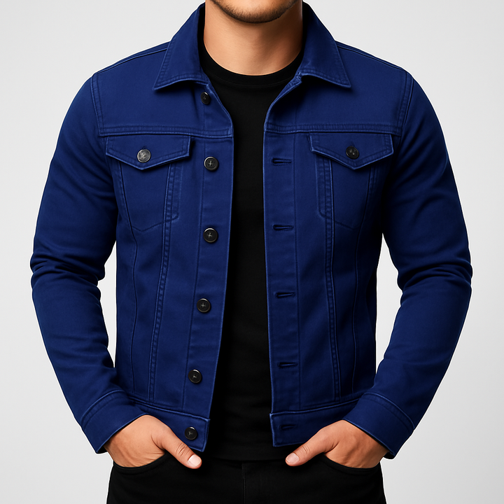 Modern men's solid blue jean jacket with classic fit, ideal casual outerwear for stylish everyday wear.