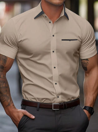 Solid color men's short-sleeve button-up shirt, perfect for a casual summer look. Classic & comfortable.