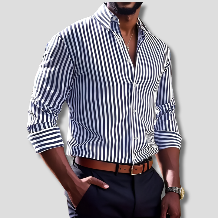 Men's classic striped button-up shirt. Long sleeve, versatile for casual or formal wear.