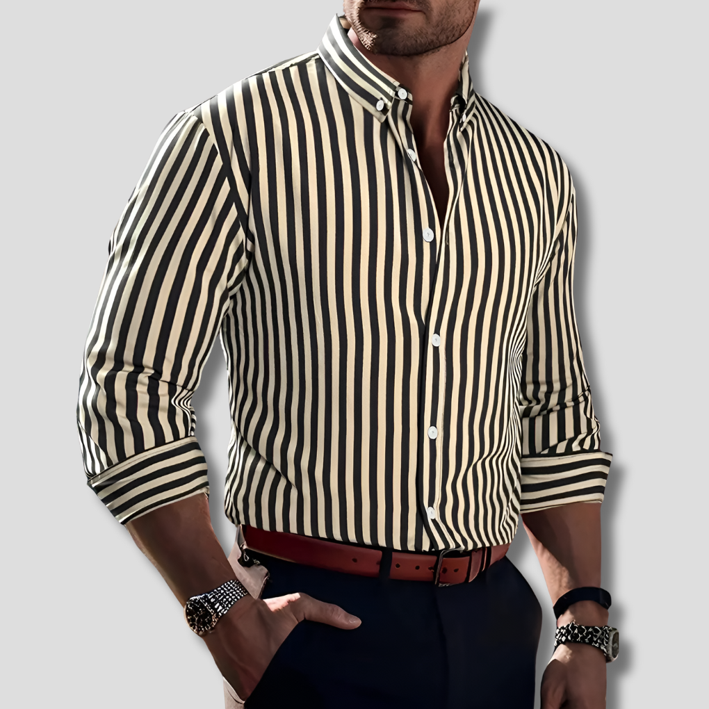 Stylish men's button-up shirt featuring a timeless striped pattern and long sleeves.