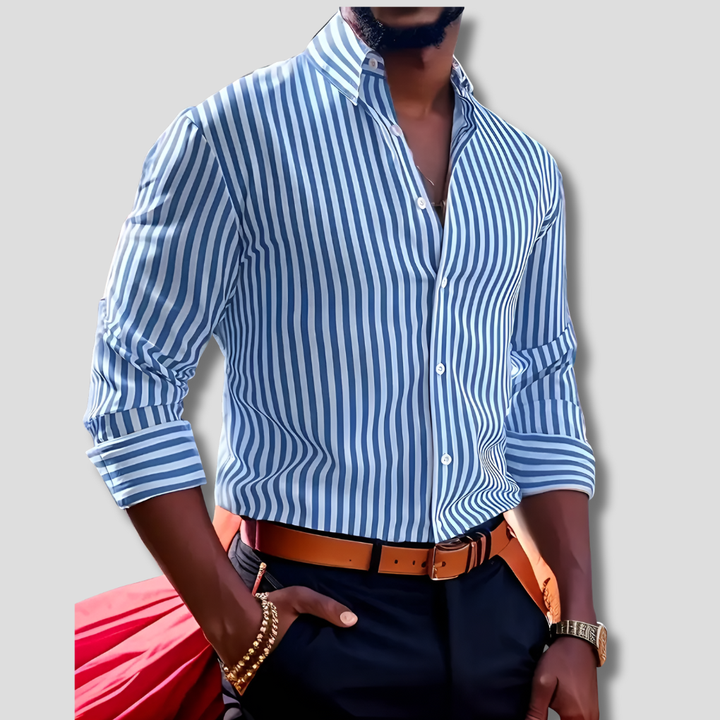 Versatile men's striped shirt, perfect long sleeve button-up for casual and formal occasions.