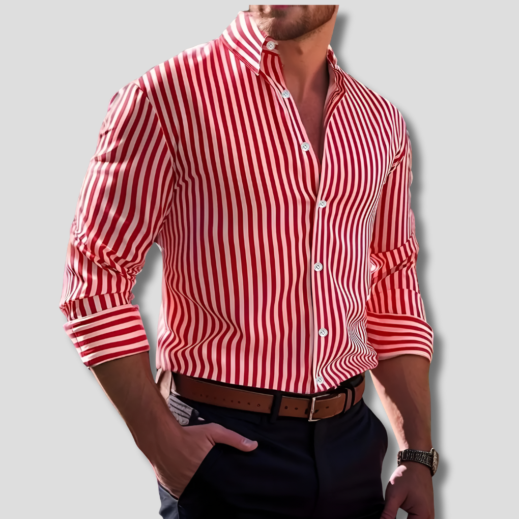 Close-up of classic striped men's long sleeve button-up shirt, showcasing the fabric and button detail.