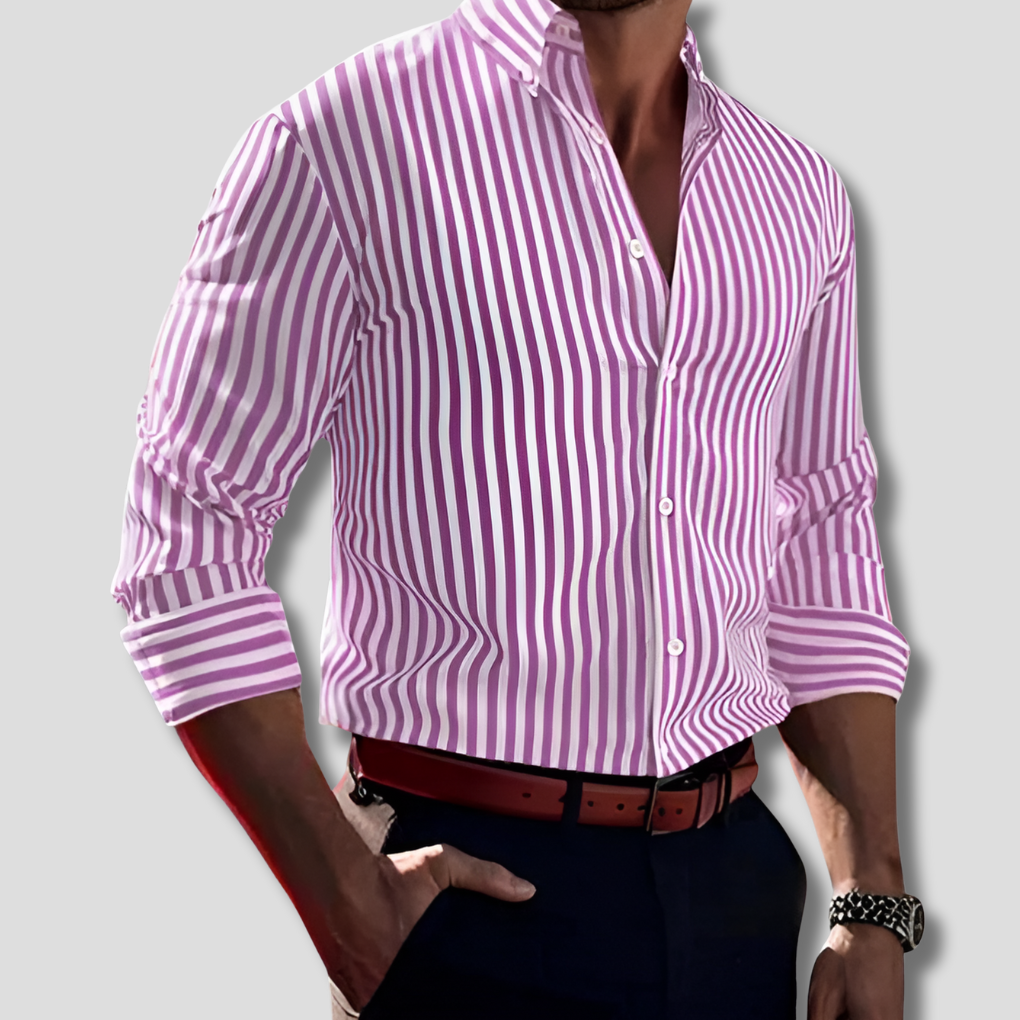 Man wearing a classic striped long sleeve button-up shirt, looking stylish and ready for any event.