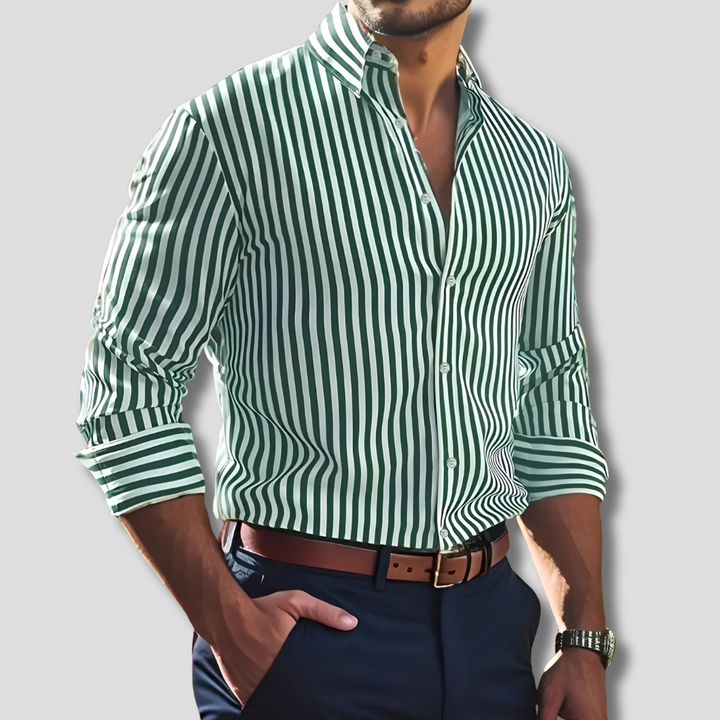 Front view of a men's classic striped long sleeve button-up shirt, a stylish and versatile garment.
