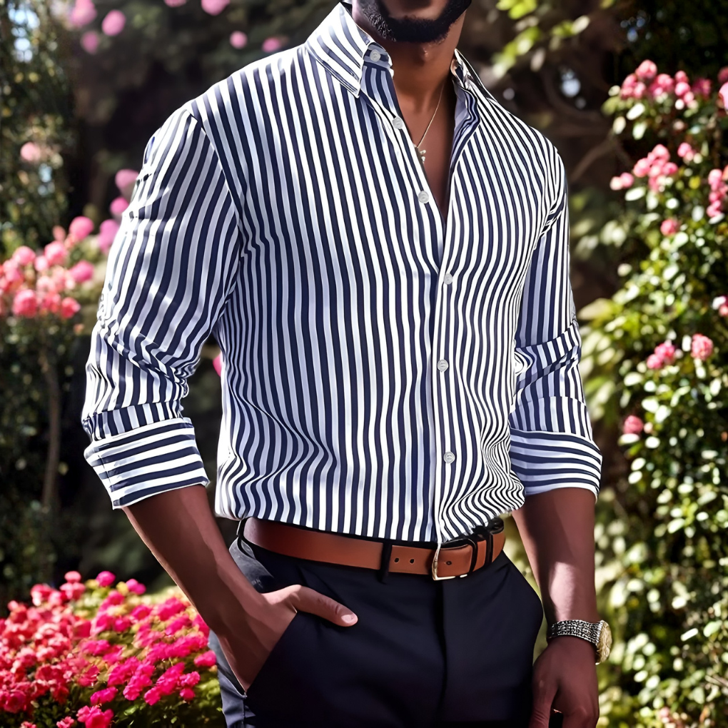 Timeless men's long sleeve striped button-up shirt, a classic and versatile wardrobe essential.