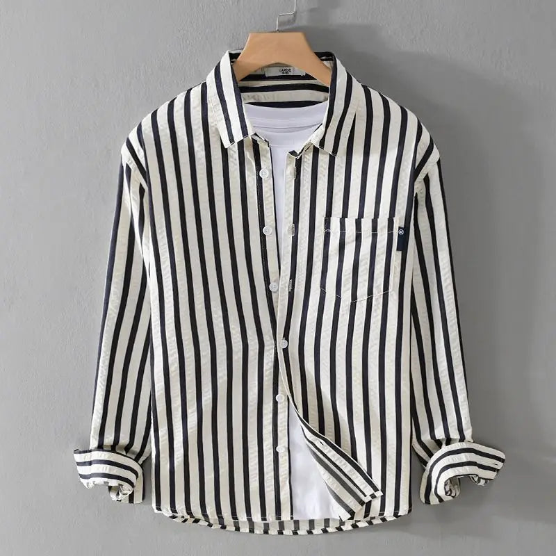 Men's fashion striped button-down shirt with long sleeves, offering a classic and versatile look for any occasion.