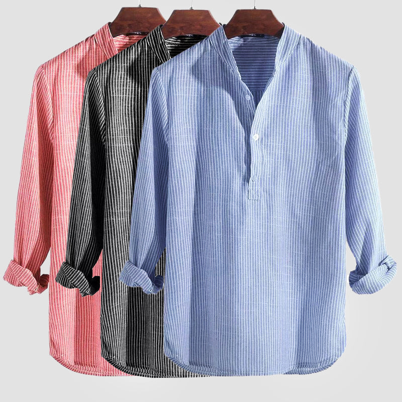 Men's classic striped long-sleeve Henley shirt with band collar, perfect for versatile everyday casual wear.