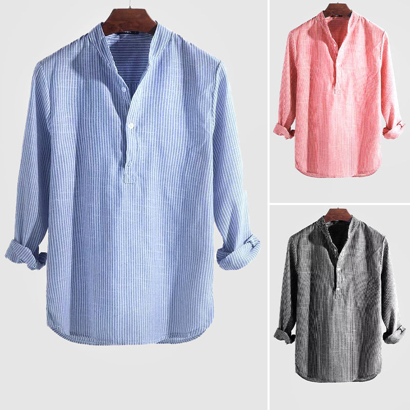 New men's striped Henley shirt, long-sleeve, ideal for spring/fall smart casual or everyday style.