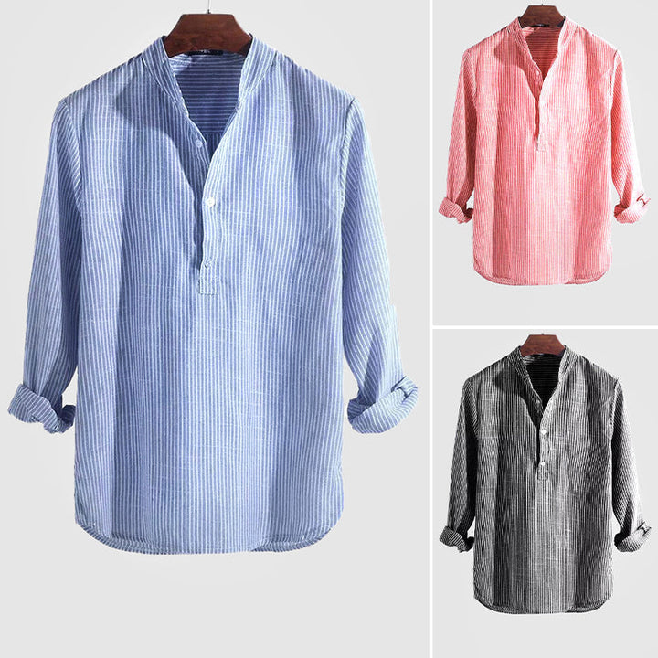 New men's striped Henley shirt, long-sleeve, ideal for spring/fall smart casual or everyday style.