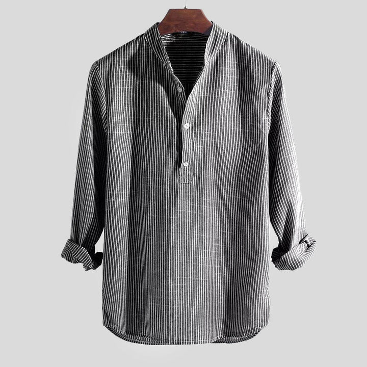 Versatile men's striped band-collar Henley, long-sleeve, great for casual outings & everyday fashion.