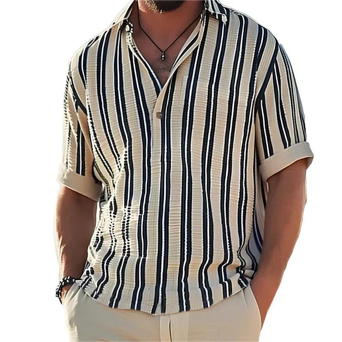 Timeless men's elegant striped shirt, featuring classic old money style. Breathable comfort for year-round wear.