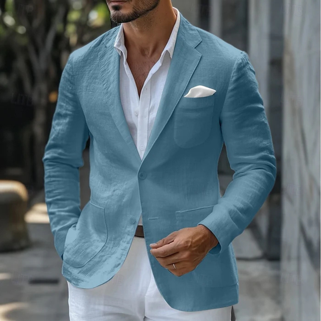 Classic men's tailored blazer jacket, designed for sleek summer style and comfortable wear. Smart and elegant.