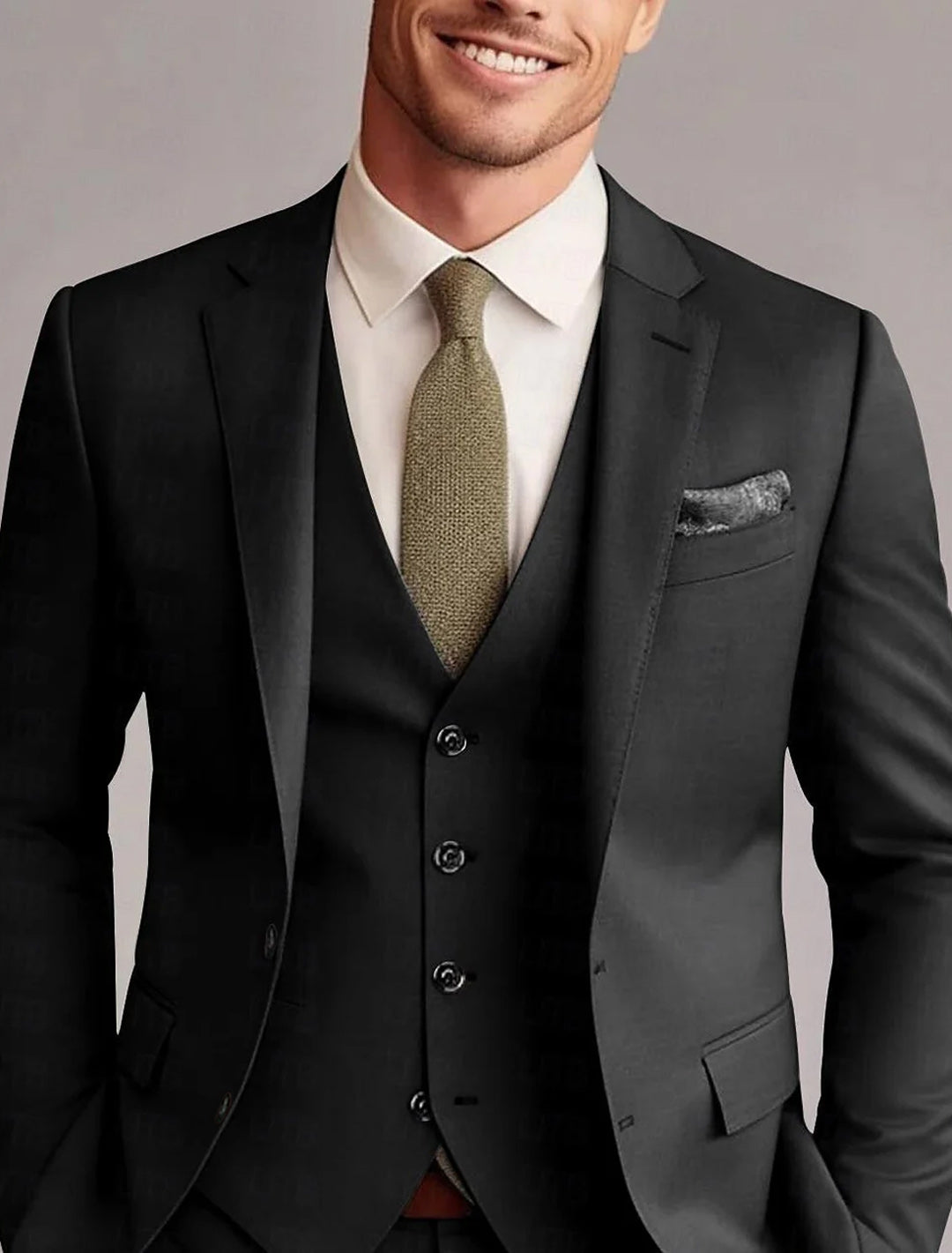 Men's classic tailored 3-piece solid suit, perfect for formal events, business, or wedding attire.