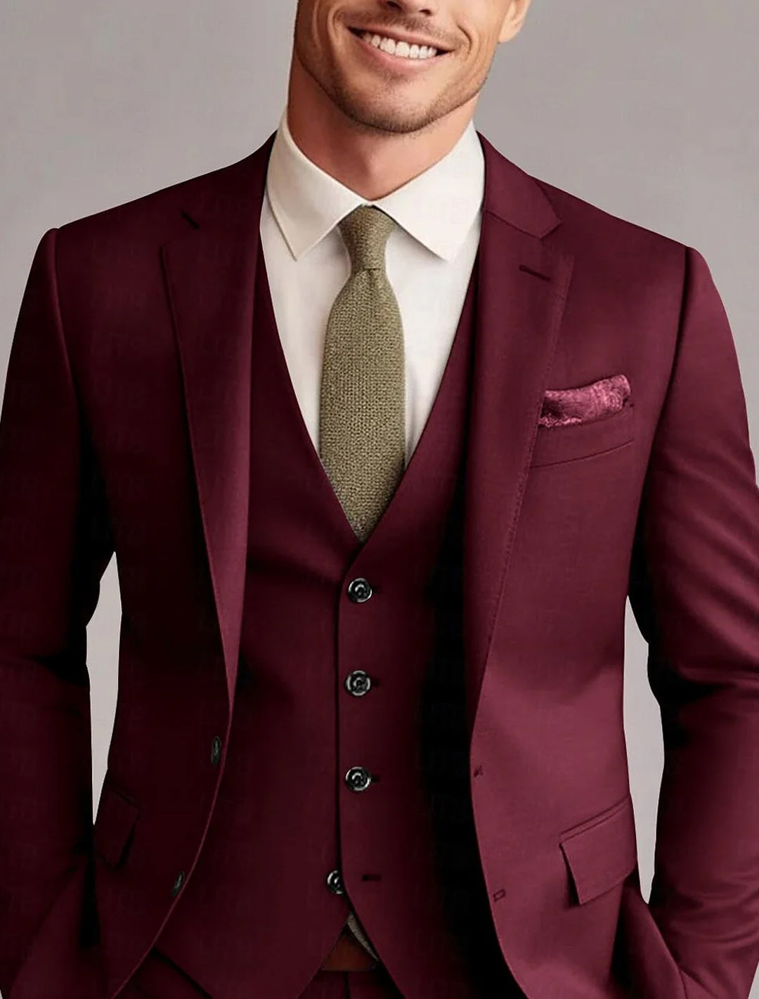 Elegant men's tailored 3-piece suit with jacket, vest & trousers; ideal formal wear & business attire.