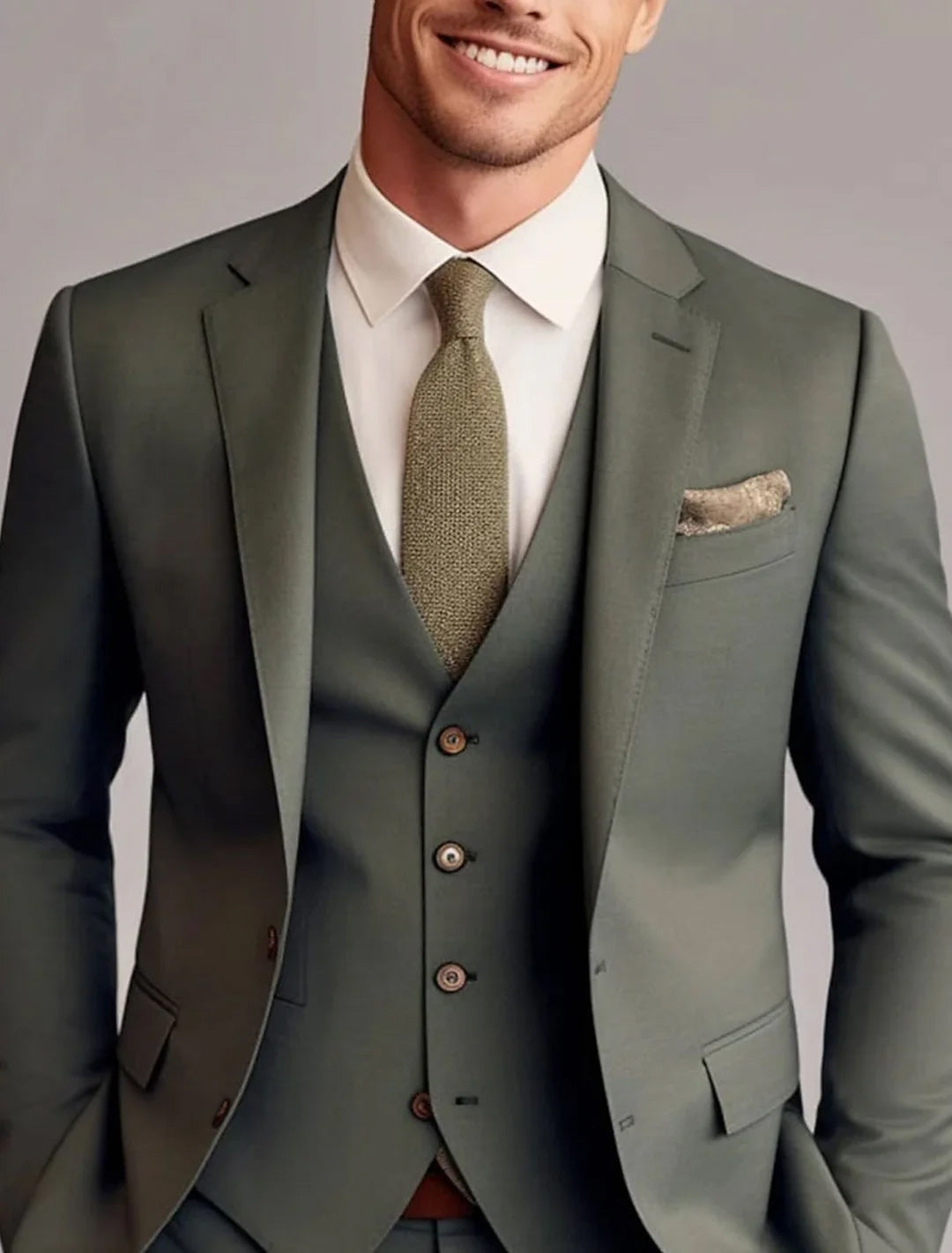 Sophisticated solid men's 3-piece wedding suit; tailored for a sharp look at formal events.