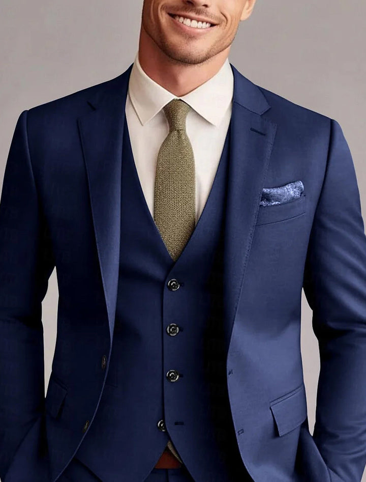 Full men's solid 3-piece tailored suit: jacket, vest, trousers. Perfect formal wear & business attire.