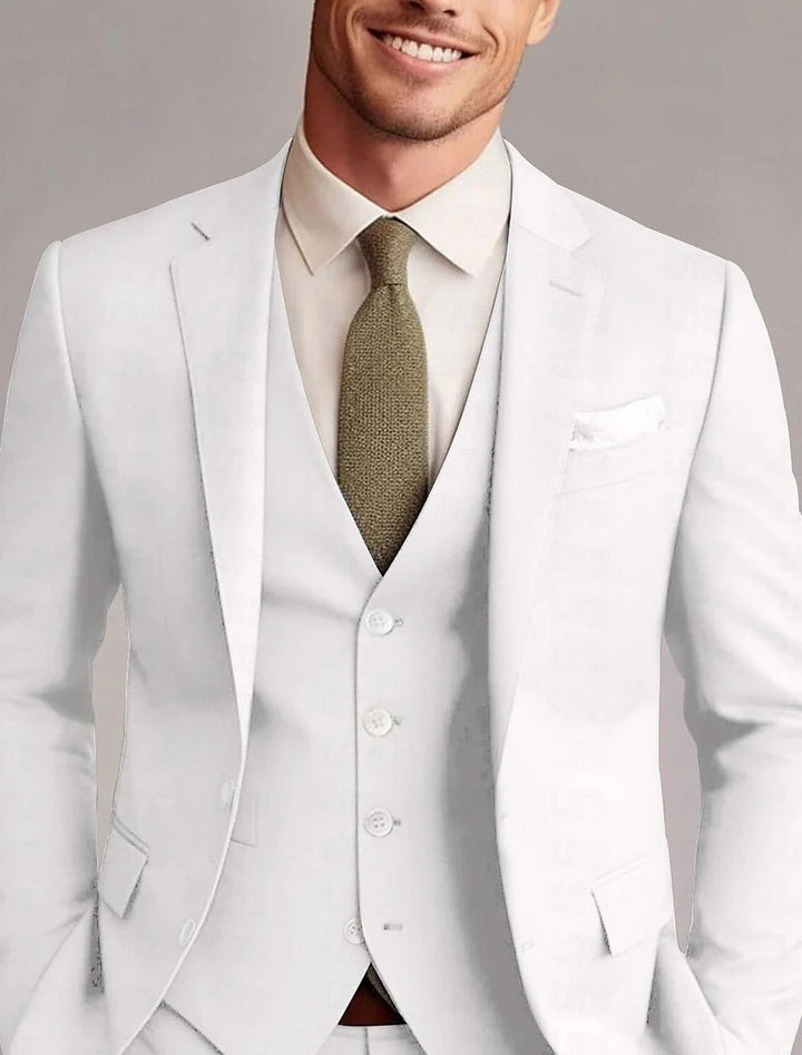 Sharp, tailored men's 3-piece solid suit for a sleek look at formal events, weddings, and business functions.