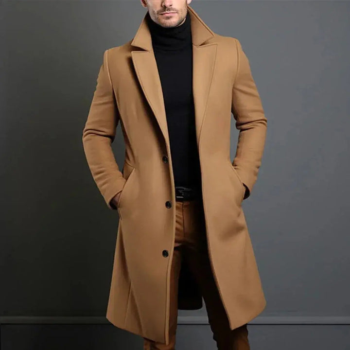 Men's classic tailored long overcoat. Smart winter coat for business or casual wear, ideal fall outerwear.