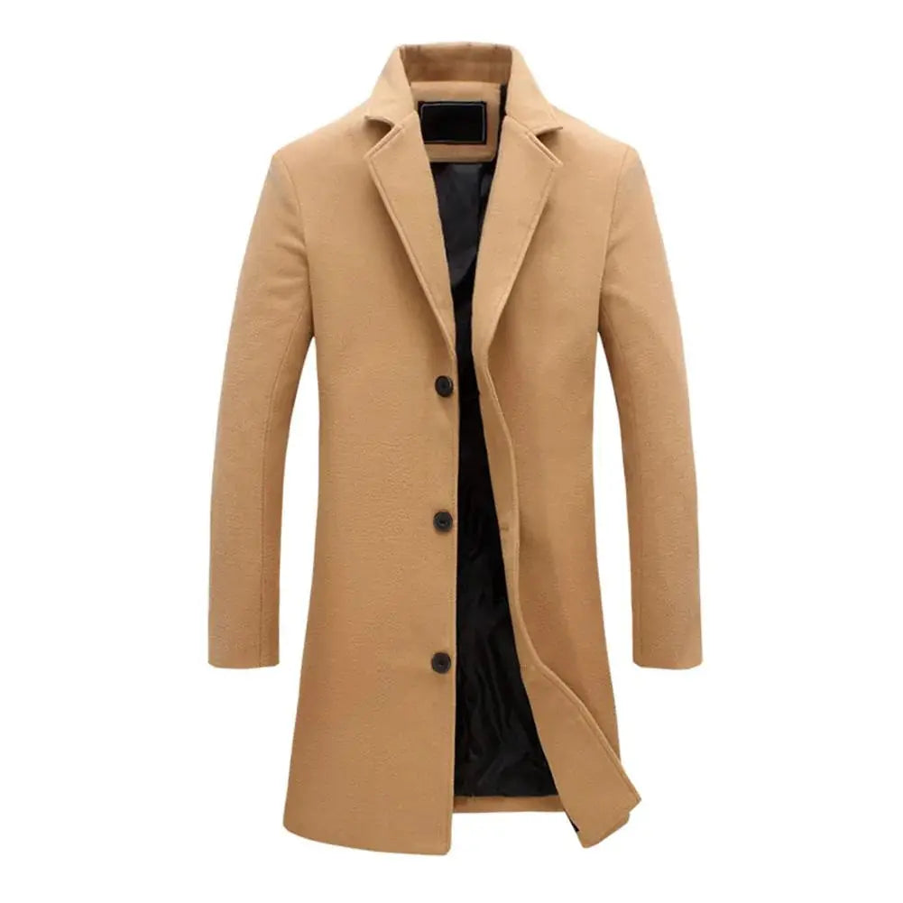 Stylish men's tailored long winter coat. Classic trench style, perfect for smart casual fall fashion layering.
