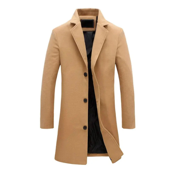 Stylish men's tailored long winter coat. Classic trench style, perfect for smart casual fall fashion layering.