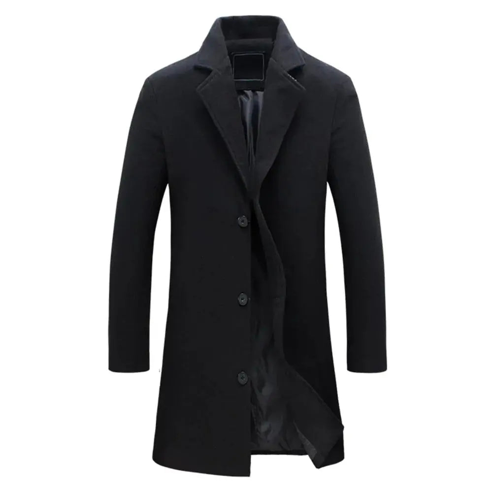 Versatile men's long winter overcoat. Classic tailored design, perfect smart casual outerwear for fall fashion.