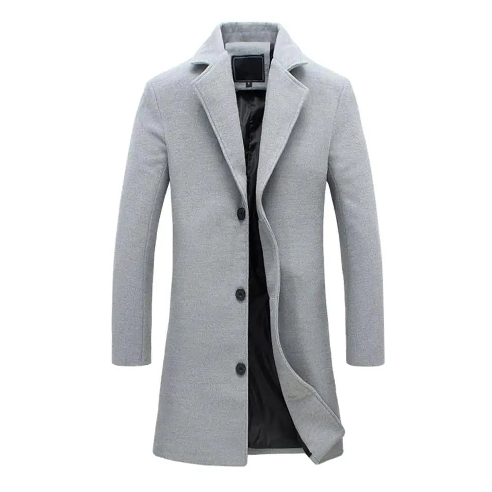 Detail shot of men's classic tailored overcoat. Showcasing quality fabric & details of winter outerwear.