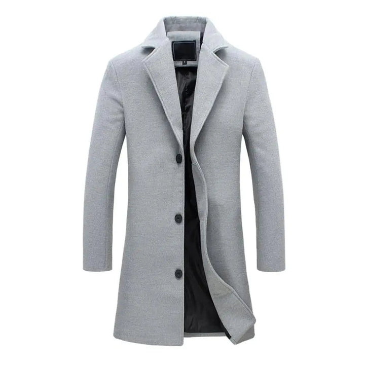 Detail shot of men's classic tailored overcoat. Showcasing quality fabric & details of winter outerwear.