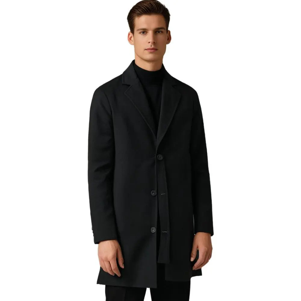 Warm men's tailored long winter overcoat. Classic style outerwear, perfect for cold weather & fall fashion.