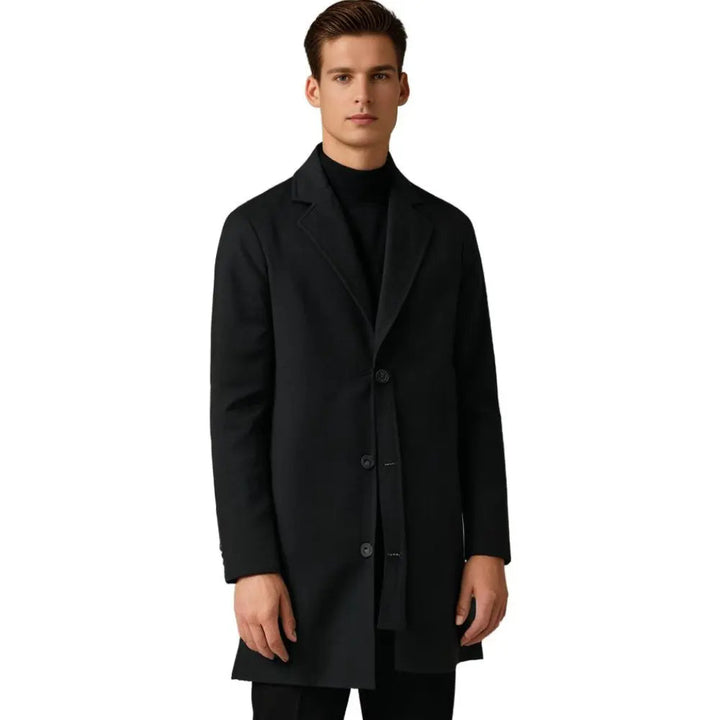 Warm men's tailored long winter overcoat. Classic style outerwear, perfect for cold weather & fall fashion.