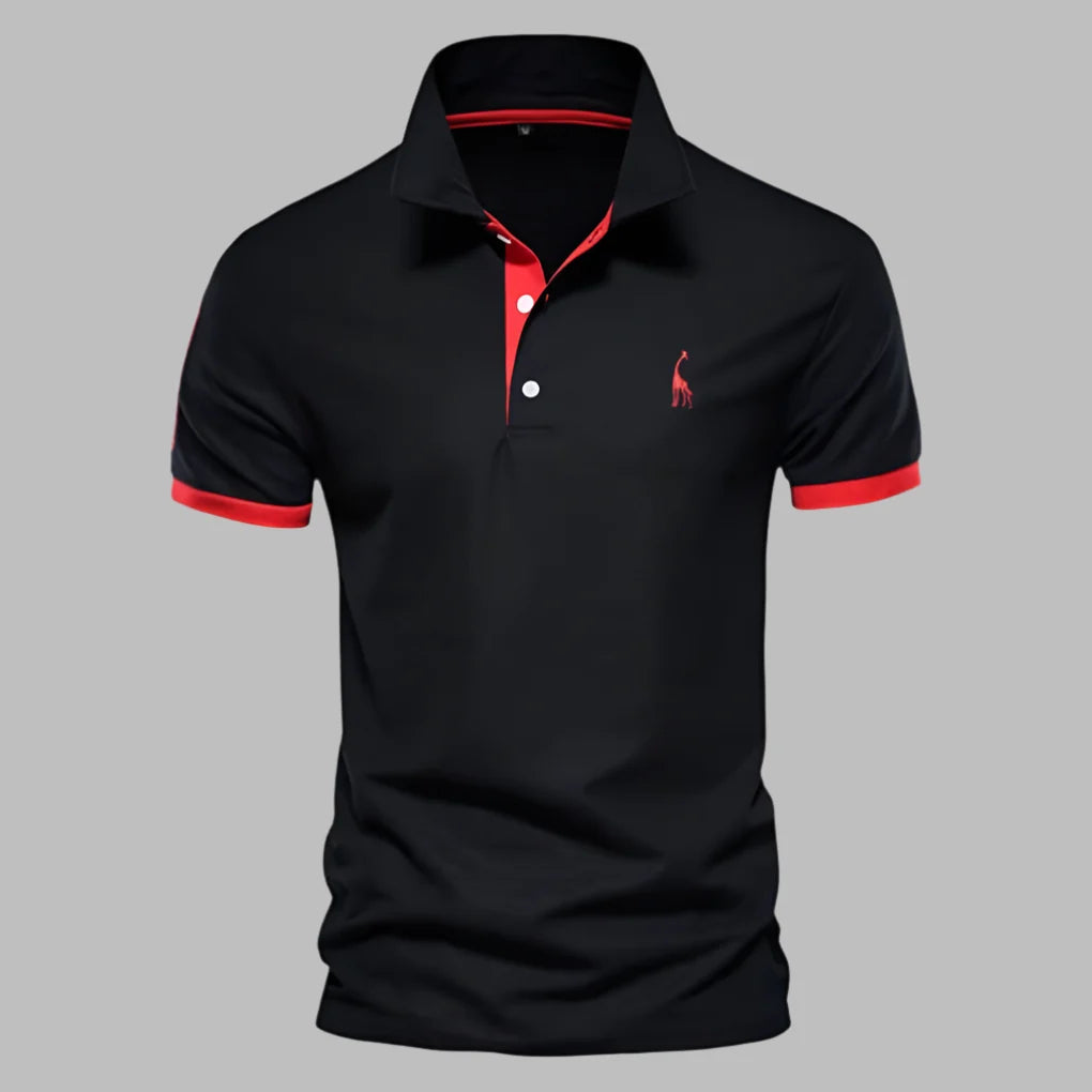 Close-up of men's elegant short-sleeve polo shirt with refined button placket and tailored fit.